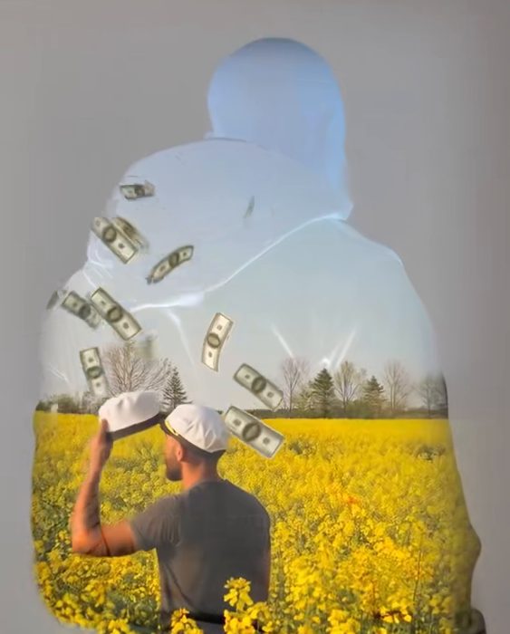 A double-exposure silhouette over a yellow field