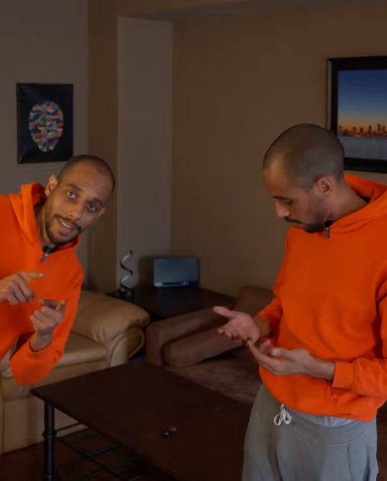 An invisibility-effect shot: two takes of Momo in one room
