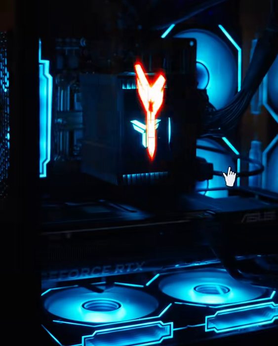 A glowing logo reveal on a PC build